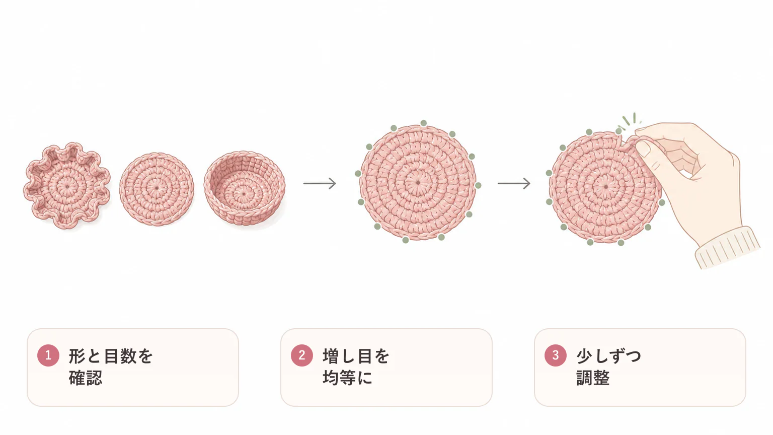 円編みが波打つ・反るときの要点を3つに整理した図解