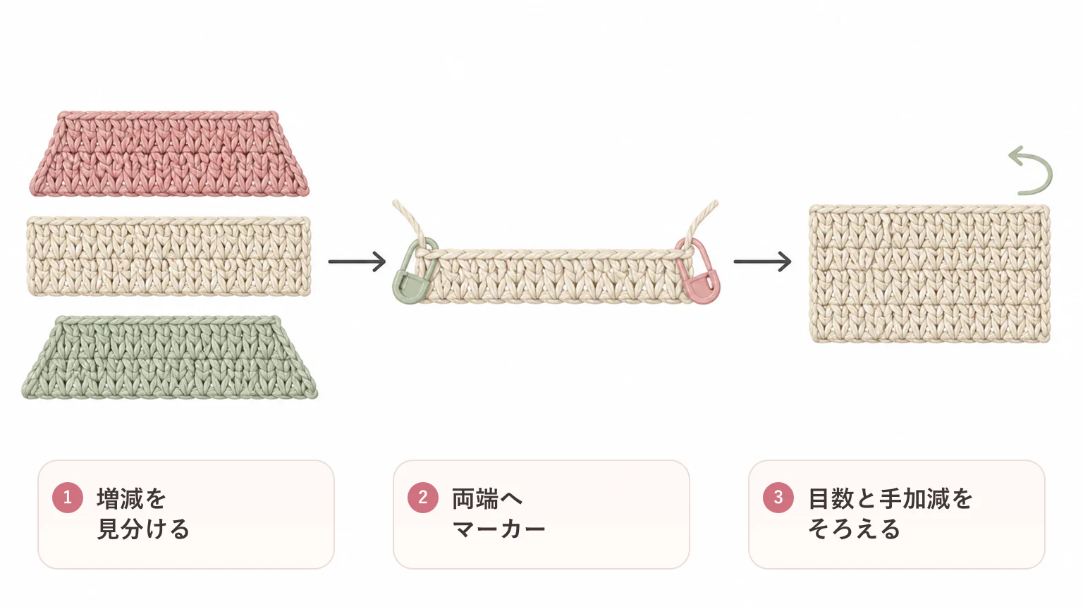 編み地の端が斜めになるときの要点を3つに整理した図解