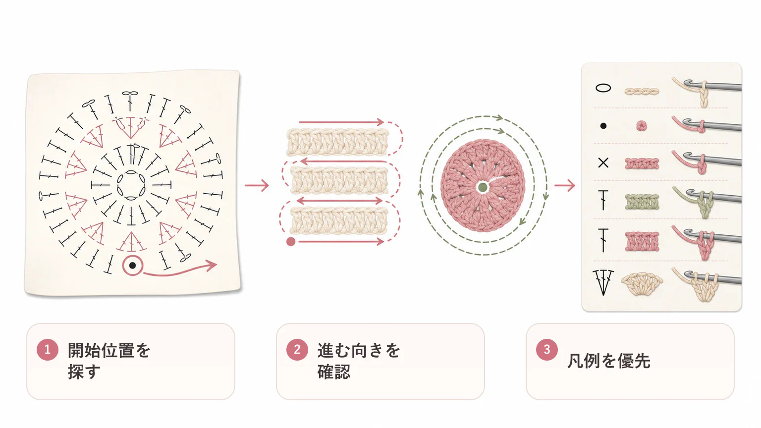 編み図記号の読み方の要点を3つに整理した図解
