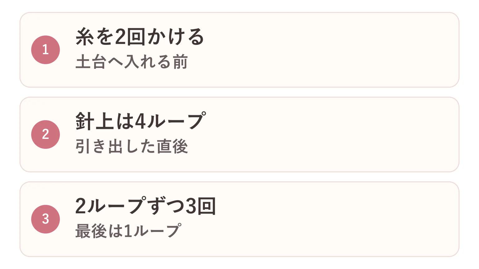 長々編みの編み方の要点を3つに整理した図解