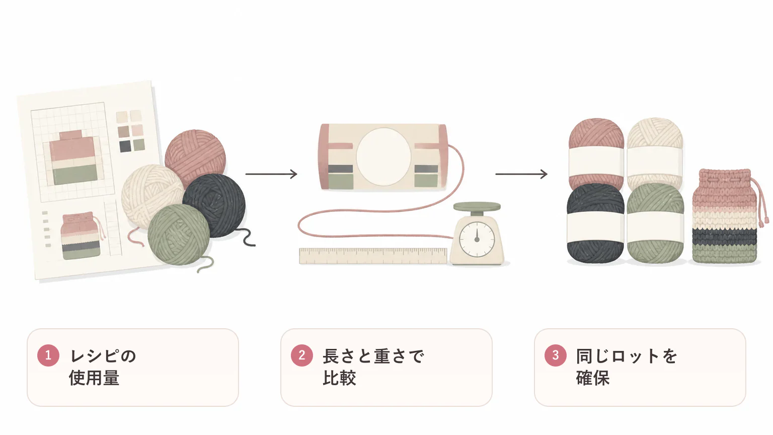 必要な毛糸量の見方の要点を3つに整理した図解
