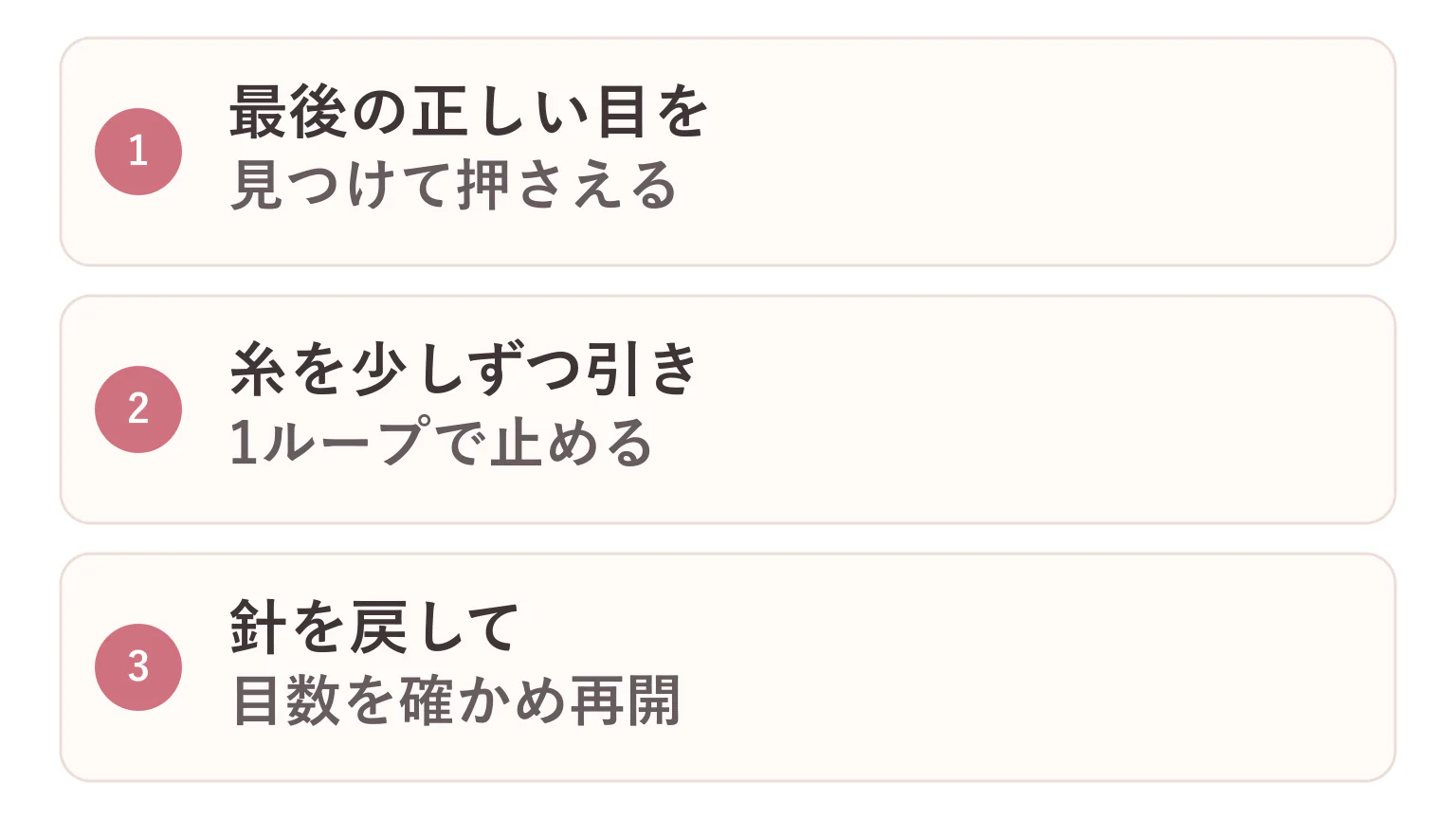 かぎ針編みをほどいて再開する方法の要点を3つに整理した図解