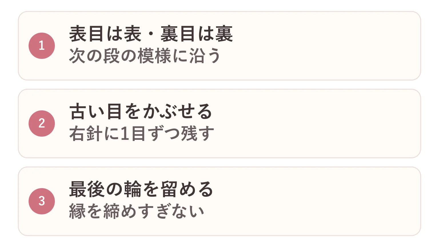 一目ゴム編みの伏せ止めの要点を3つに整理した図解