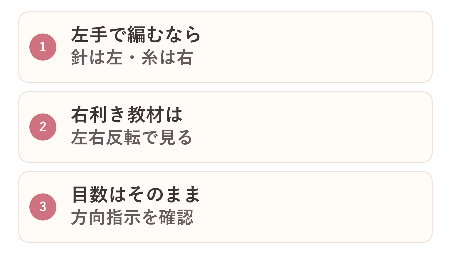 左利きのかぎ針編みの要点を3つに整理した図解