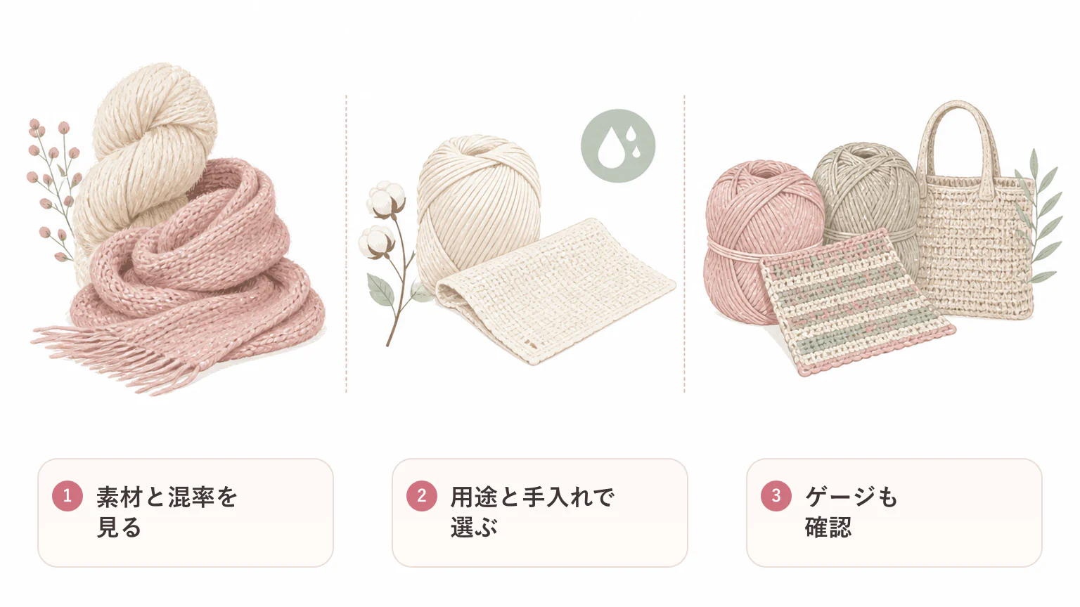 毛糸素材の違いの要点を3つに整理した図解